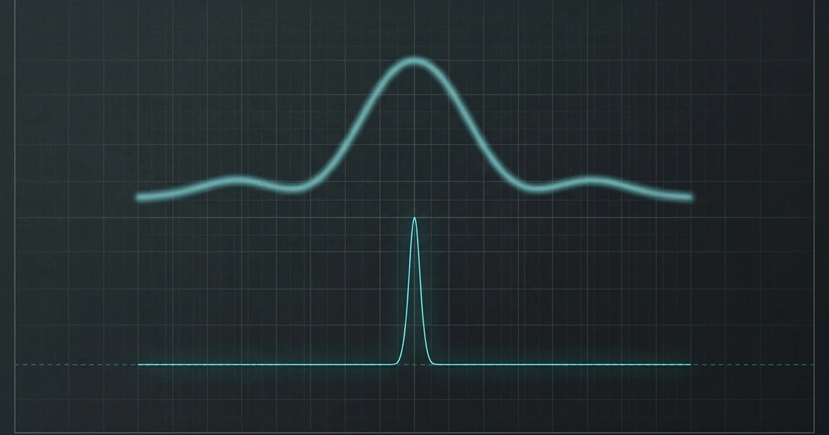 Dos trazas superpuestas: arriba un pulso ancho y difuso, abajo un pico estrecho y definido en la misma posición.
